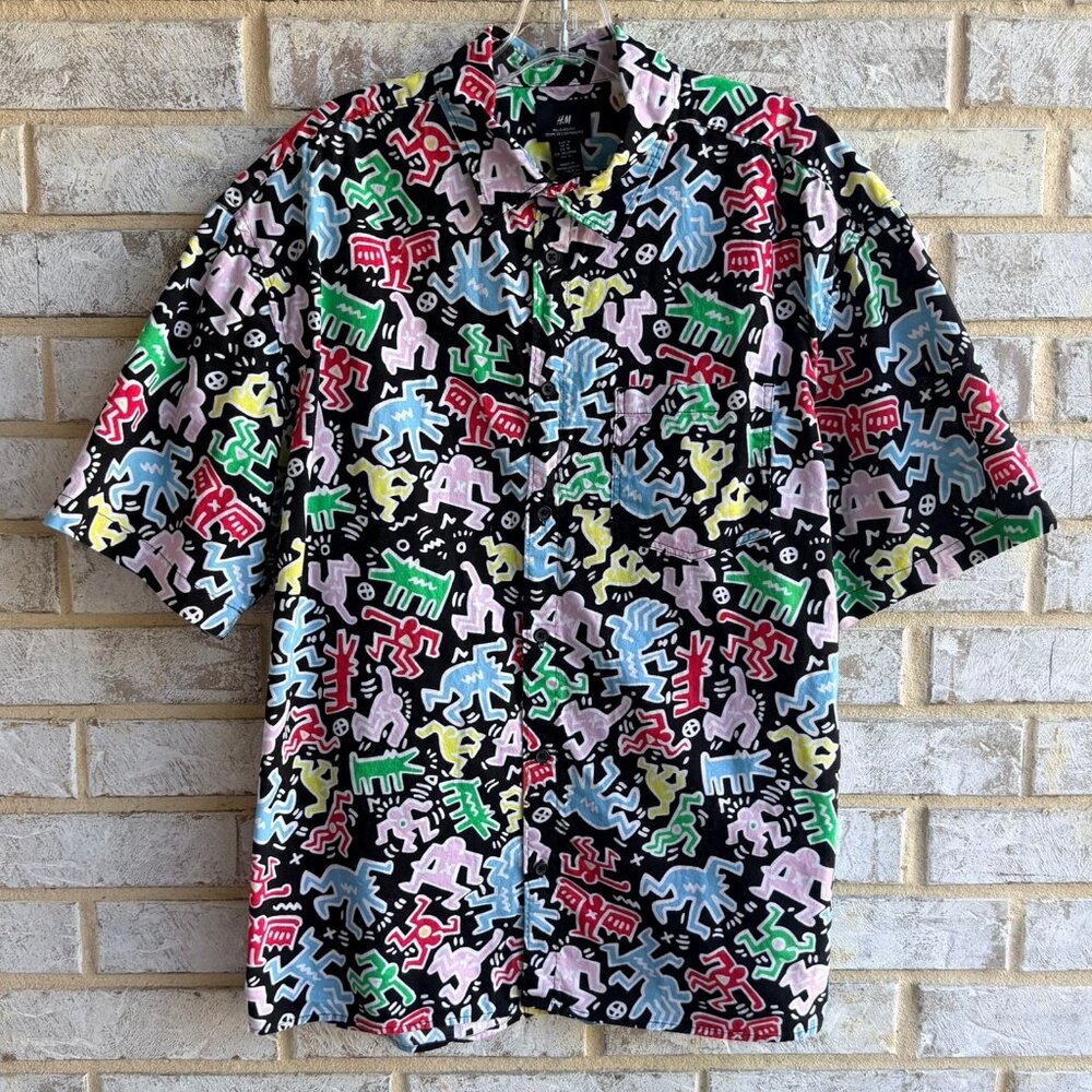 H&M x Keith Haring Short Sleeve Button Up Multicolor Cotton Shirt Men's Size M
